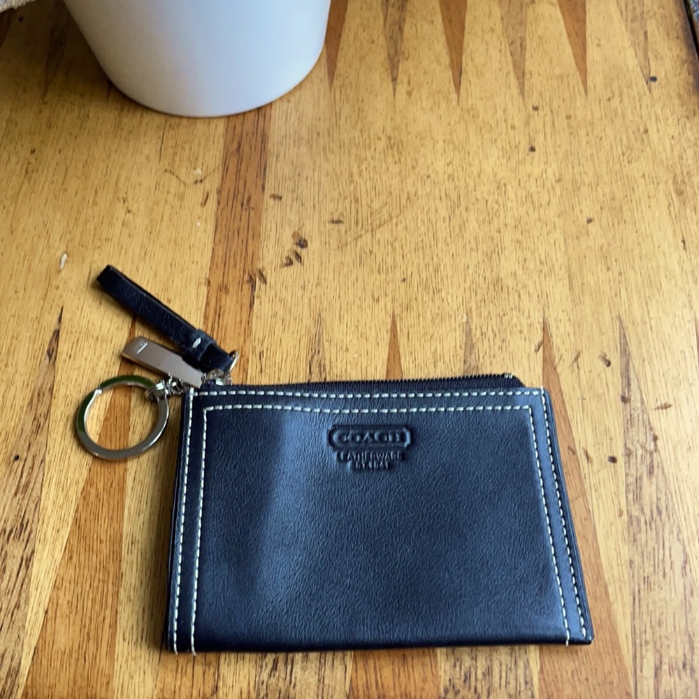 Coach black leather key chain with coin purse